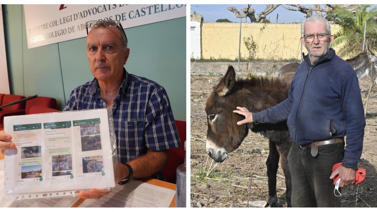 A la izquierda, el director del Desert de les Palmes, Toni García, en una rueda de prensa en agosto del 2022. A la derecha, el ganadero y dueño de los burros, Juan Librán, en su finca del Grau, en febrero del 2022.