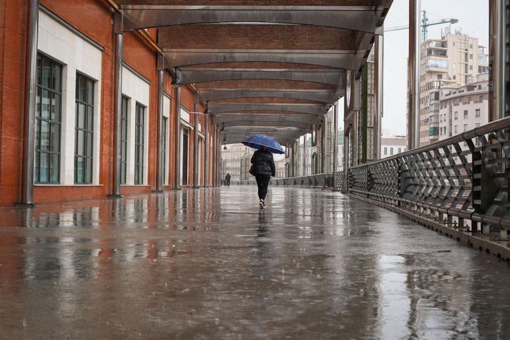 El río Guadalmedina crecido con agua y calles del Centro y el entorno del cauce, desiertas bajo la lluvia, la estampa de este martes 31 de marzo.