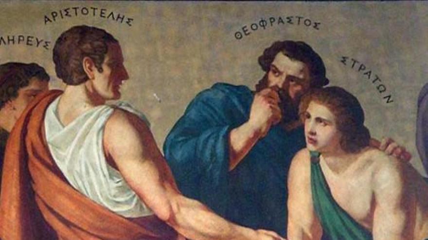Detalle de un fresco de la Universidad de Atenas: Aristóteles, Teofrasto y Estratón de Lámpsaco.  | | LP/DLP