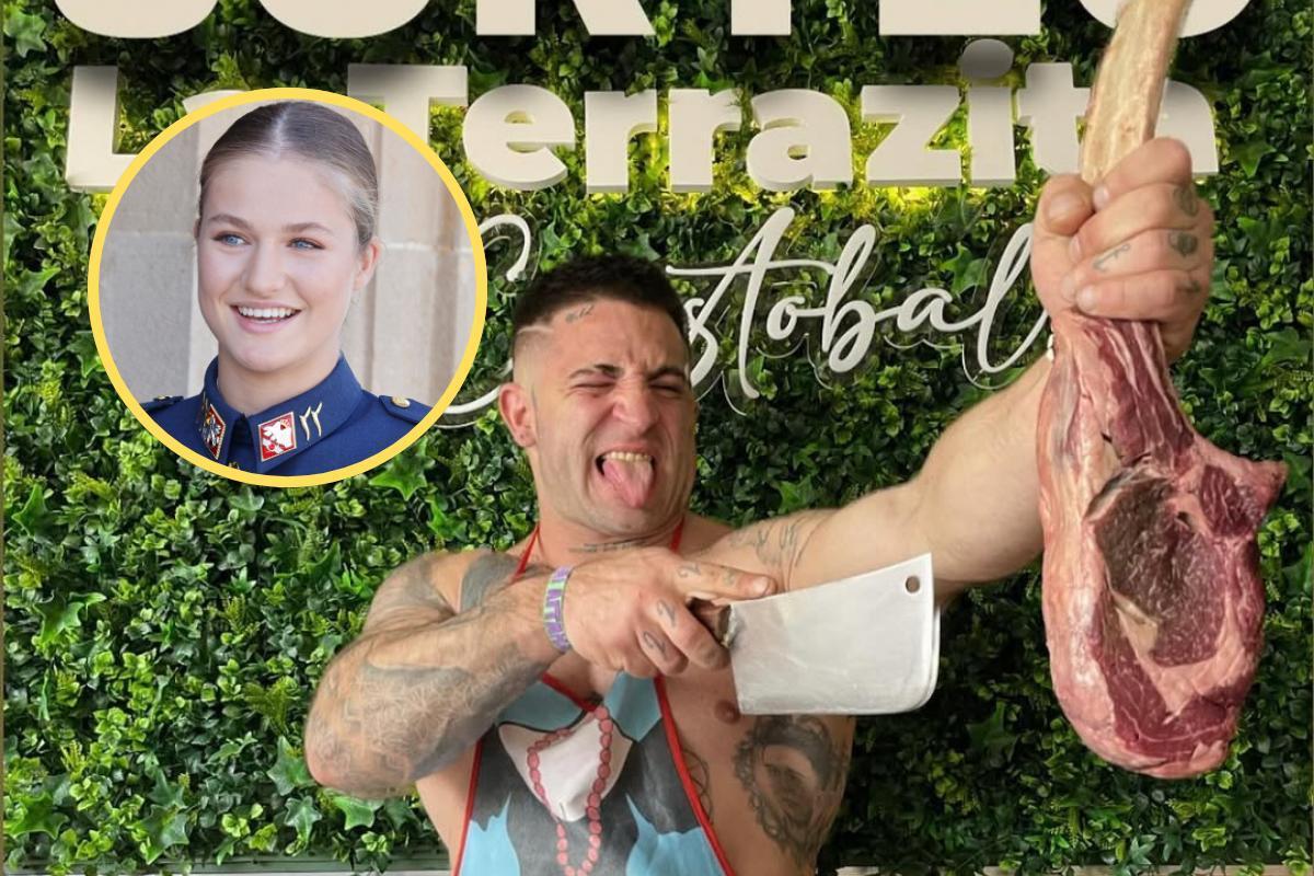 Cristóbal, el duelo del restaurante, con un chuletón en la mano; Leonor, a la izquierda.