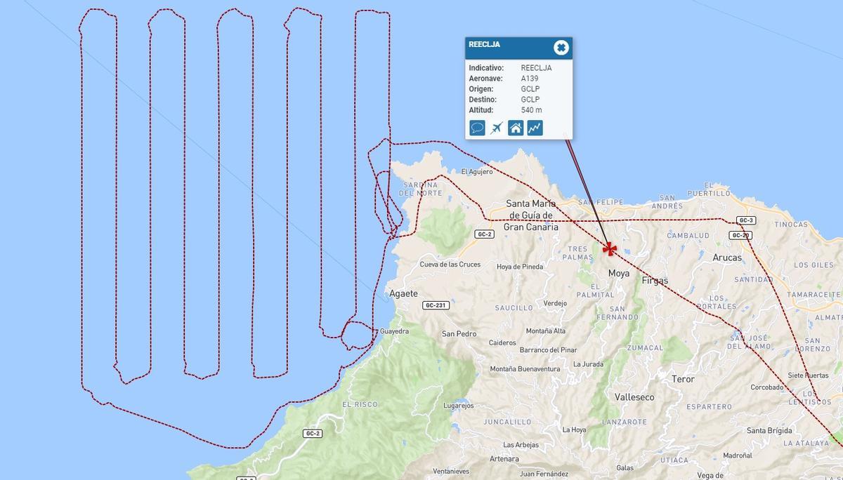 Trayectoria realizada por el helicóptero de Salvamento Marítimo para la búsqueda en Gáldar.