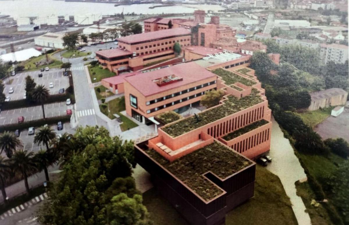 Recreación del hospital con el nuevo edificio (con la cubierta verde).