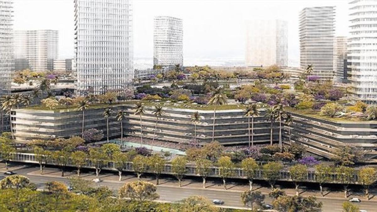 Cuatro imágenes de cómo quedaría BCN World si el plan urbanístico del Govern les permitiera esas dimensiones.