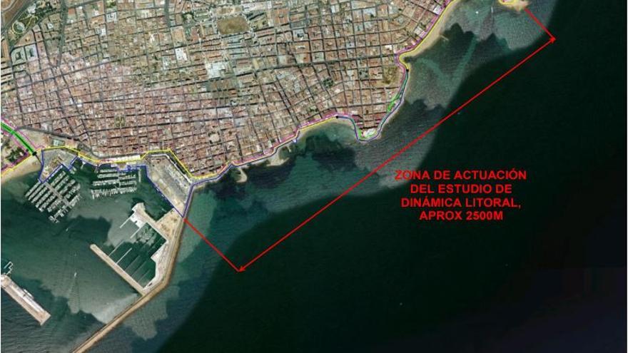 Ámbito de estudio de las dinámicas marinas que incluye el proyecto de regeneración de la playa del Cura  y que comprende desde la playa de Los Locos al dique de Levante del puerto