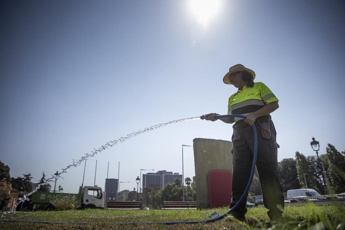 Una trabajadora de Parcs i Jardins regando a pleno sol.