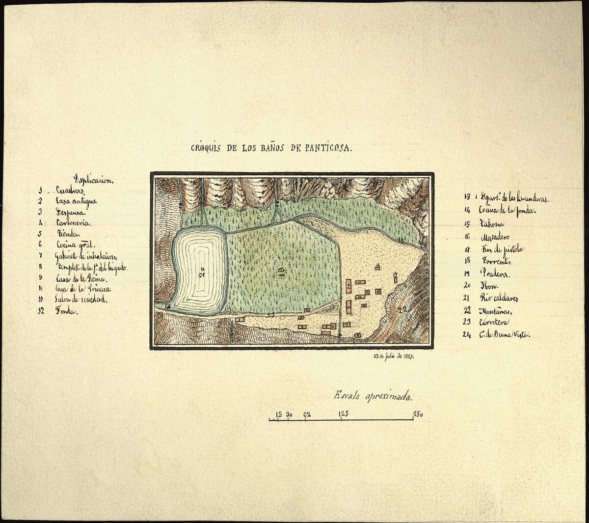 Croquis de los Baños de Panticosa,  de Eugenio Hartzenbusch Hiriart, con fecha de 13 julio de 1865.