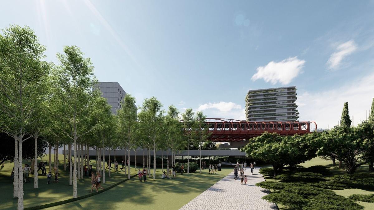 Recreación virtual del Parque Central a la altura del Puente Rojo, según el proyecto.