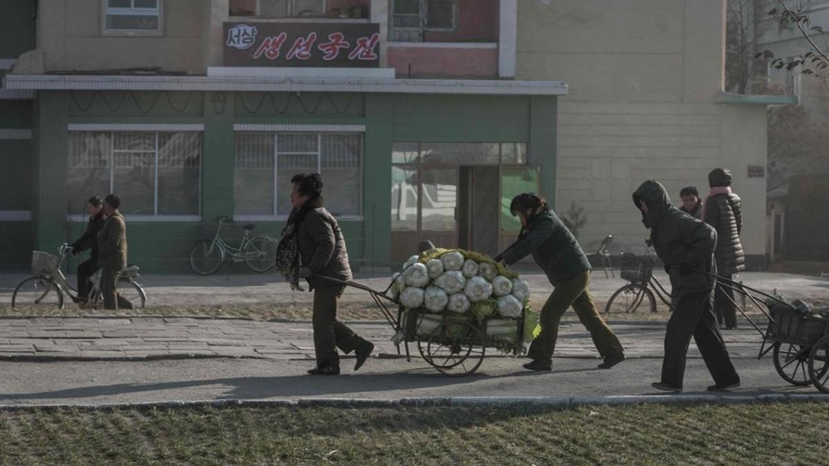 Unos campesinos empujan un carro de repollo en Hamhung, en Corea del Norte.
