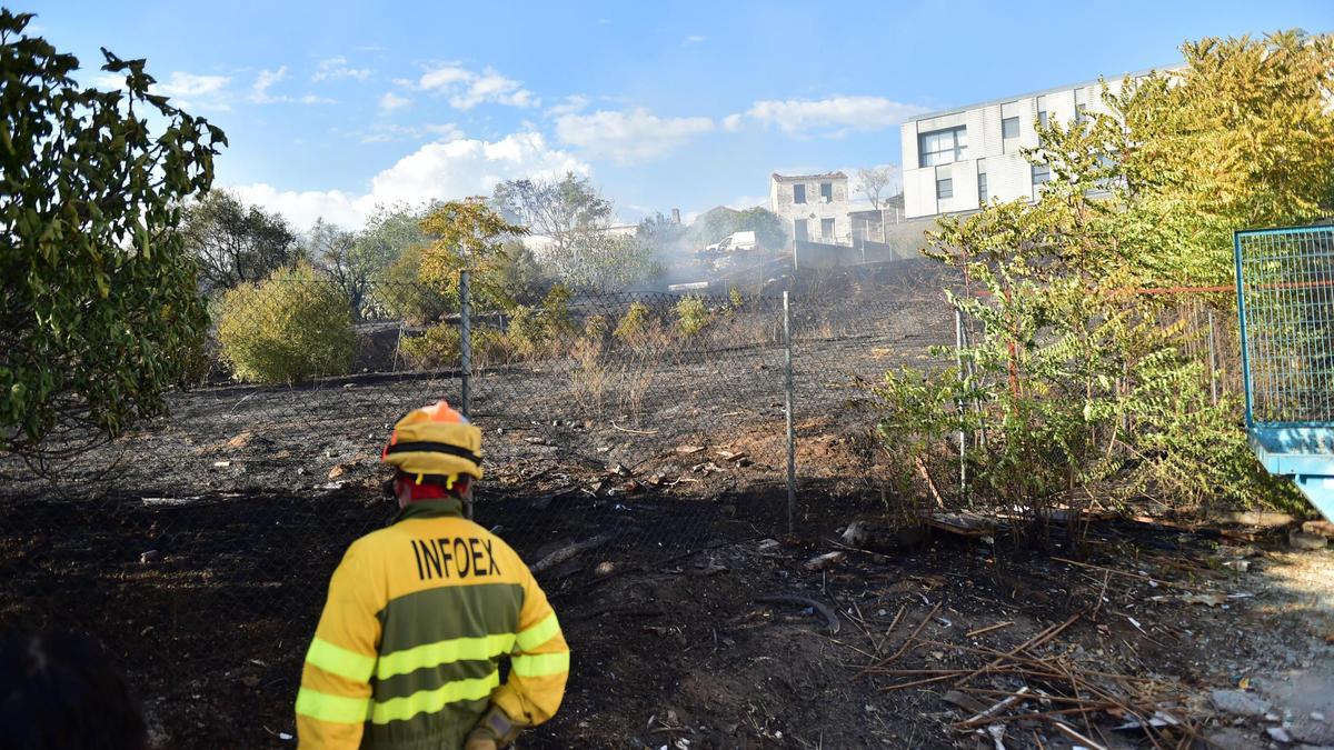 Un fuego de pasto se acerca al IES Sierra de Santa Bárbara de Plasencia.