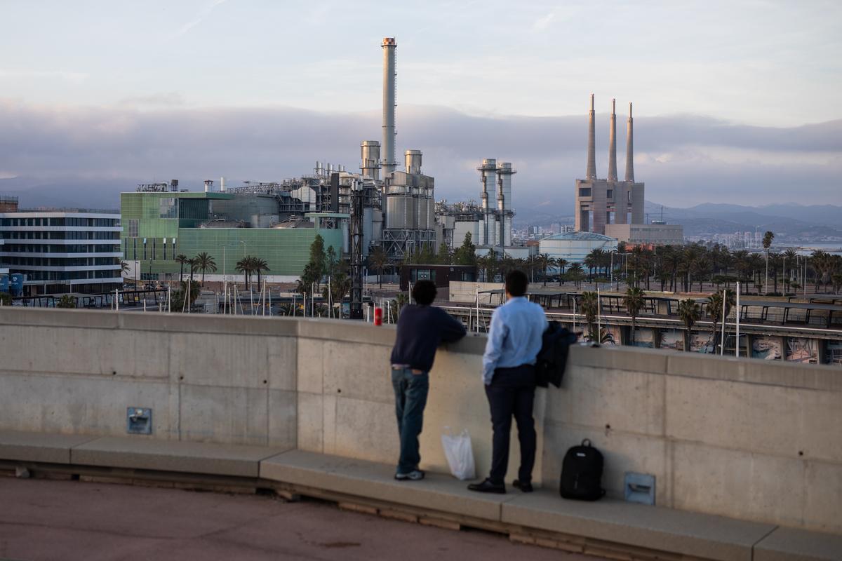 Dos personas observan la incineradora de Tersa, en Sant Adrià de Besòs.