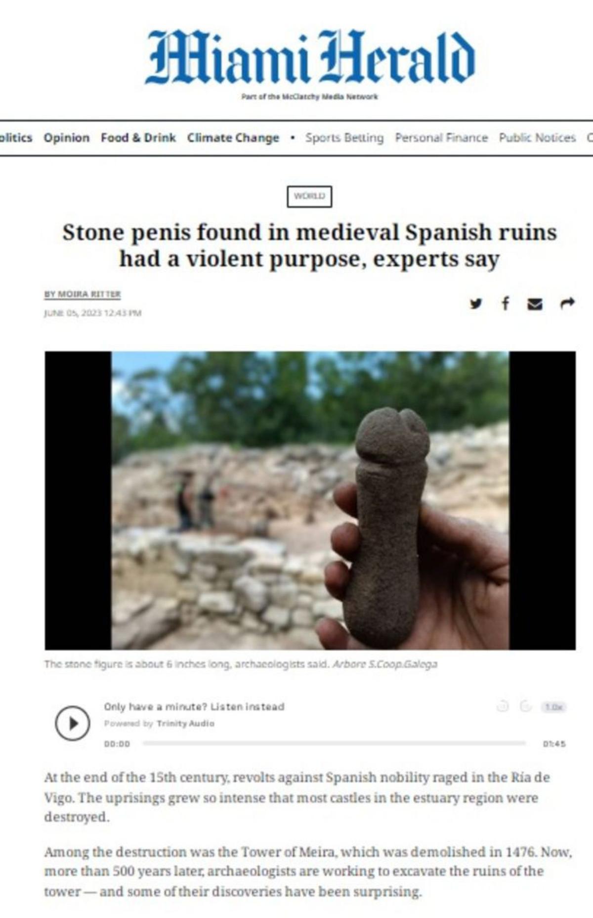 El resto fálico o “pene medieval” aparecido en las excavaciones de la Torre de Meira.  | // FDV