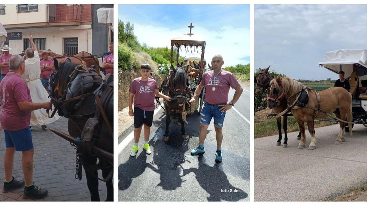 (Izq.) Momento de la salida de la romería. (Centro) Enrique Adsuara, presidente de la asociación. (Dcha.) Carro de Ángel, que inició la ruta en Aielo de Malferit.