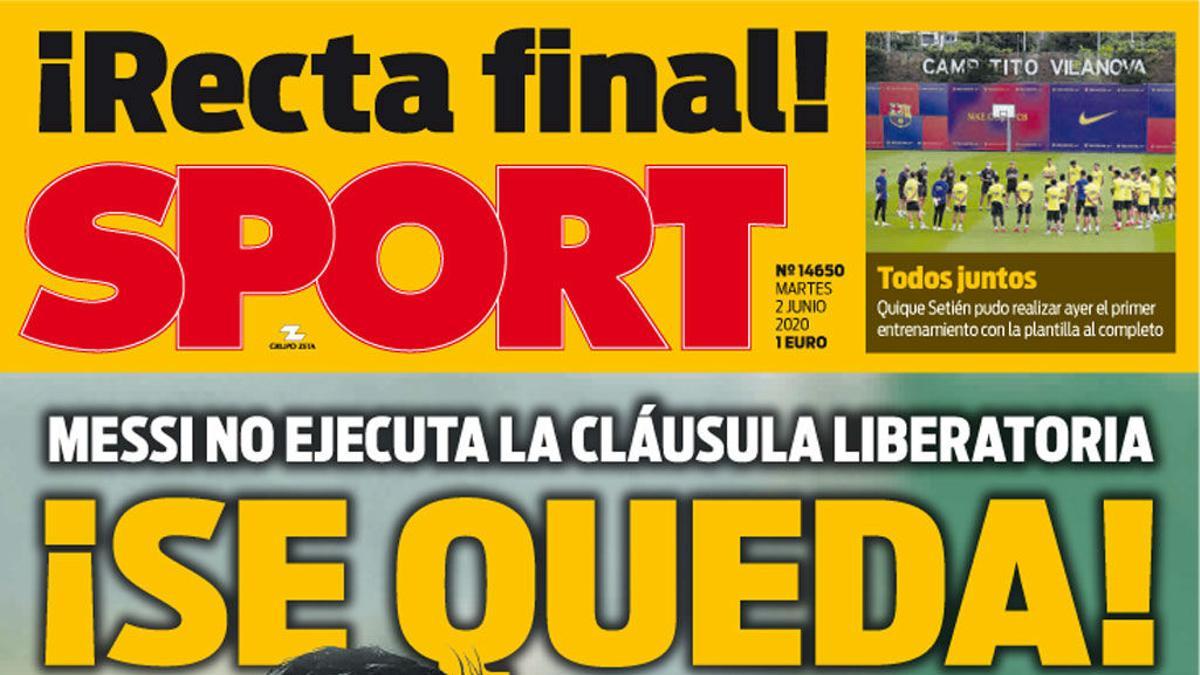 Esta es la portada de SPORT del 2 de junio