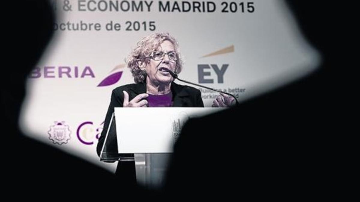 La alcaldesa de Madrid, Manuela Carmena, durante su intervención en un congreso, el pasado lunes.