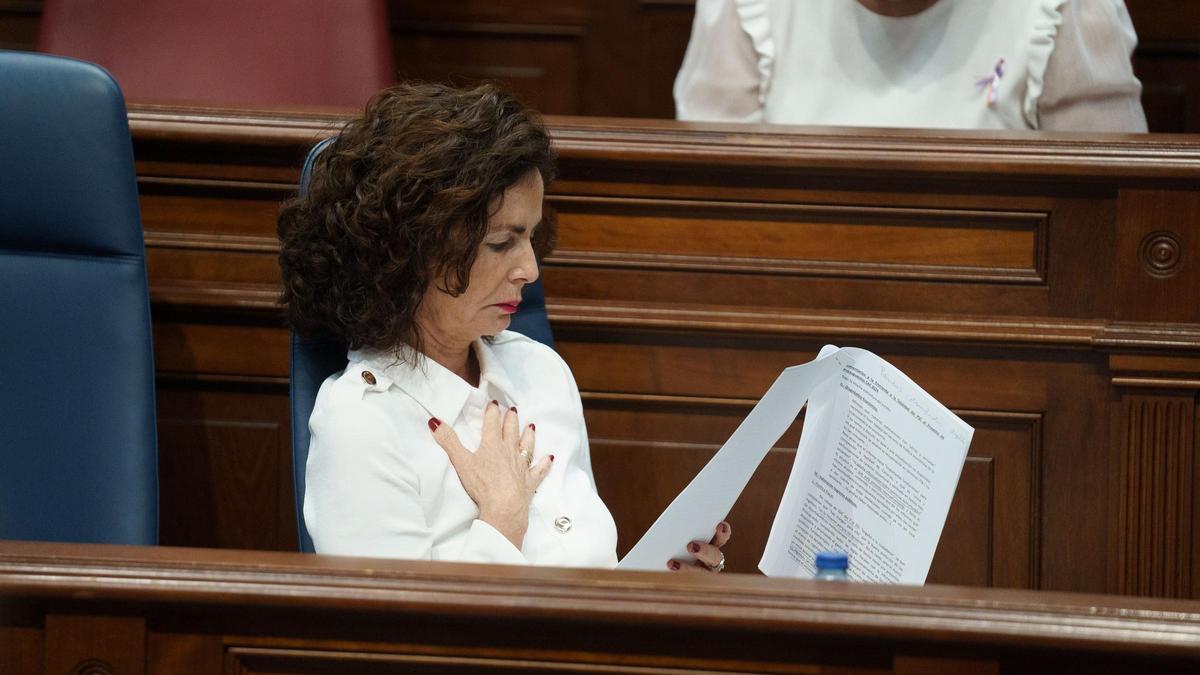 Matilde Asián, consejera de Hacienda del Gobierno de Canarias, lee un documento en su escaño del Parlamento autonómico.