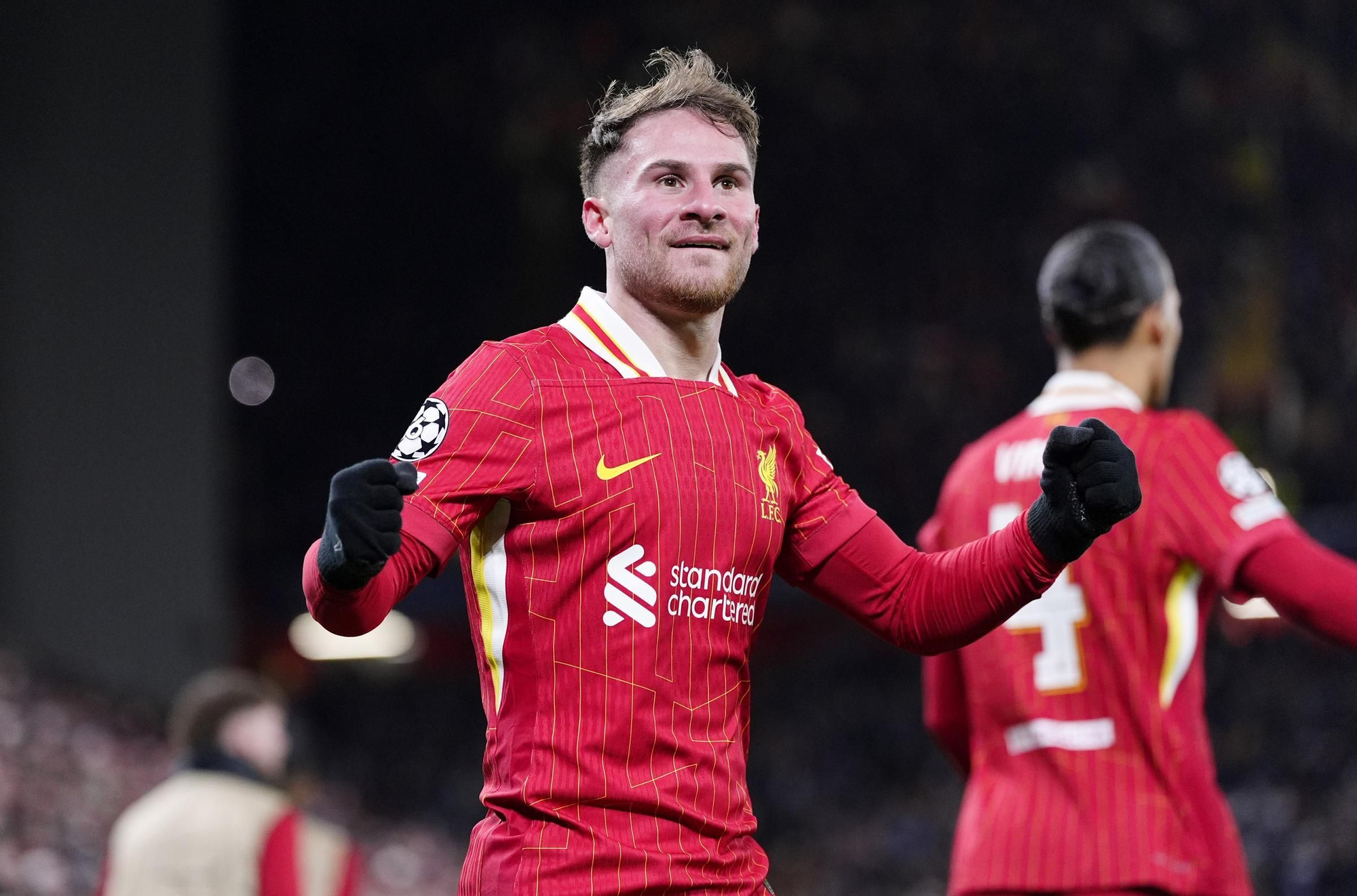 27 November 2024, United Kingdom, Liverpool: Liverpool's Alexis Mac Allister celebrates scoring his side's first goal during the UEFA Champions League soccer match between Liverpool and Real Madrid at Anfield. Photo: Peter Byrne/PA Wire/dpa 27/11/2024 ONLY FOR USE IN SPAIN. Peter Byrne/PA Wire/dpa;Sports;soccer;football;sports;UEFA Champions League - Liverpool vs Real Madrid;