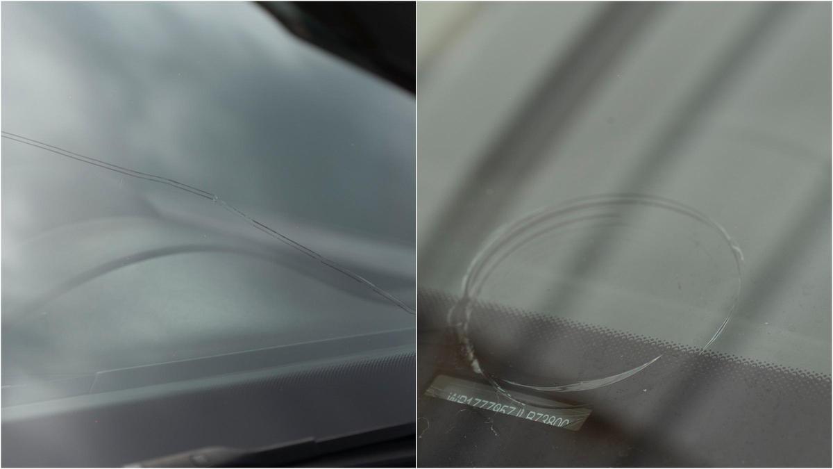 Estado en el que quedó la luna delantera del Porsche tras el impacto de la bola de granizo