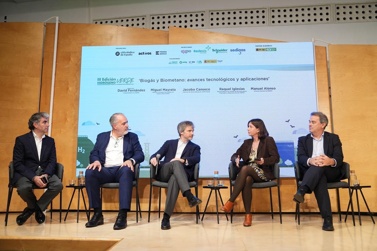De izquierda a derecha, David Fernández, vicepresidente de AEBIG, Miguel Mayrata, director de gases renovables en Redexis Renovables; Jacobo Canseco, director de Green Energy en AXPO Iberia; Raquel Iglesias, responsable de la Unidad de Biocarburantes Avanzados y Bioproductos de CIEMAT, y Manuel Alonso, director general de BIORIG.