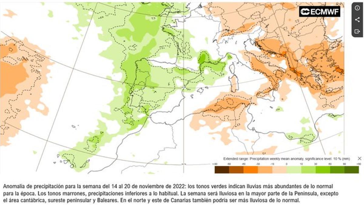 Mapa que indica la posibilidad de lluvias a mediados de noviembre
