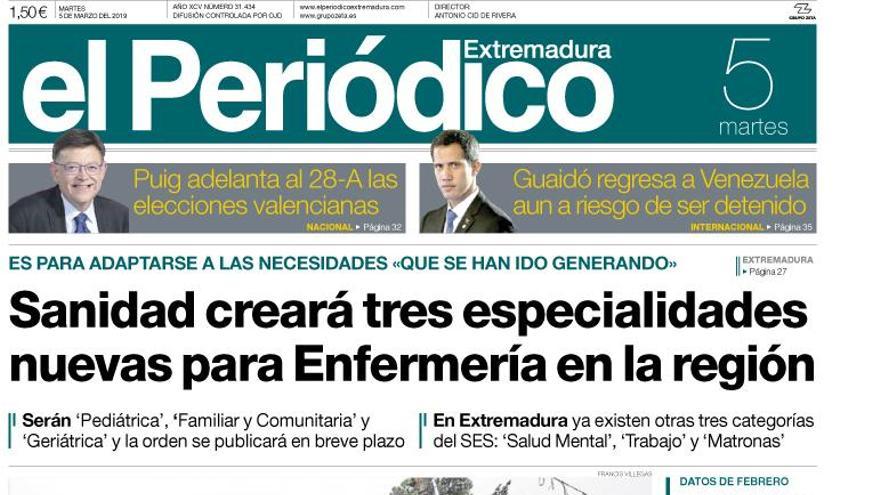 Esta es la portada de EL PERIÓDICO EXTREMADURA correspondiente al día 5 de marzo del 2019