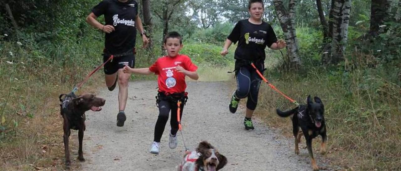 Por la izquierda, el adiestrador David Galguera e Iker y Héctor Arigita, haciendo canicross en La Fresneda.