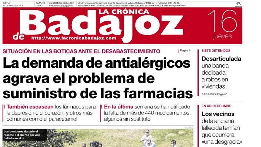 Esta es la portada de LA CRÓNICA DE BADAJOZ correspondiente al día 16 de mayo del 2019