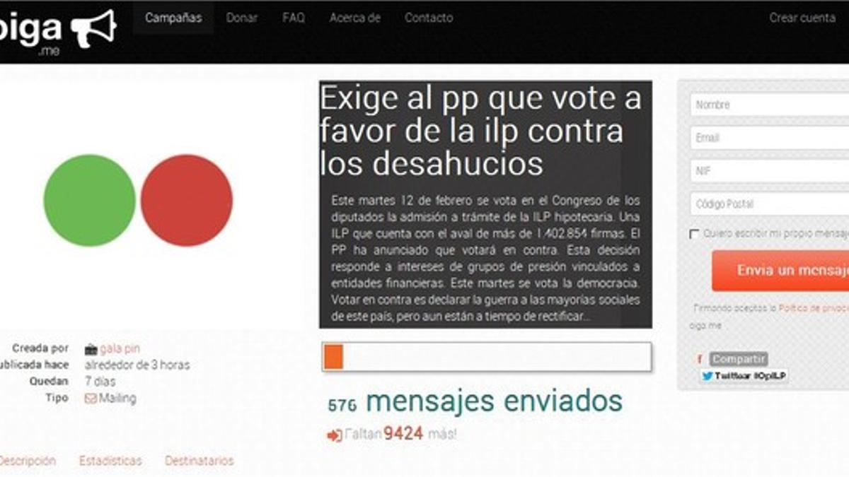 Captura de la iniciativa de recogida de firmas para exigir al PP que vote a favor de la ILP contra los deshaucios, en el portal web Oiga.me