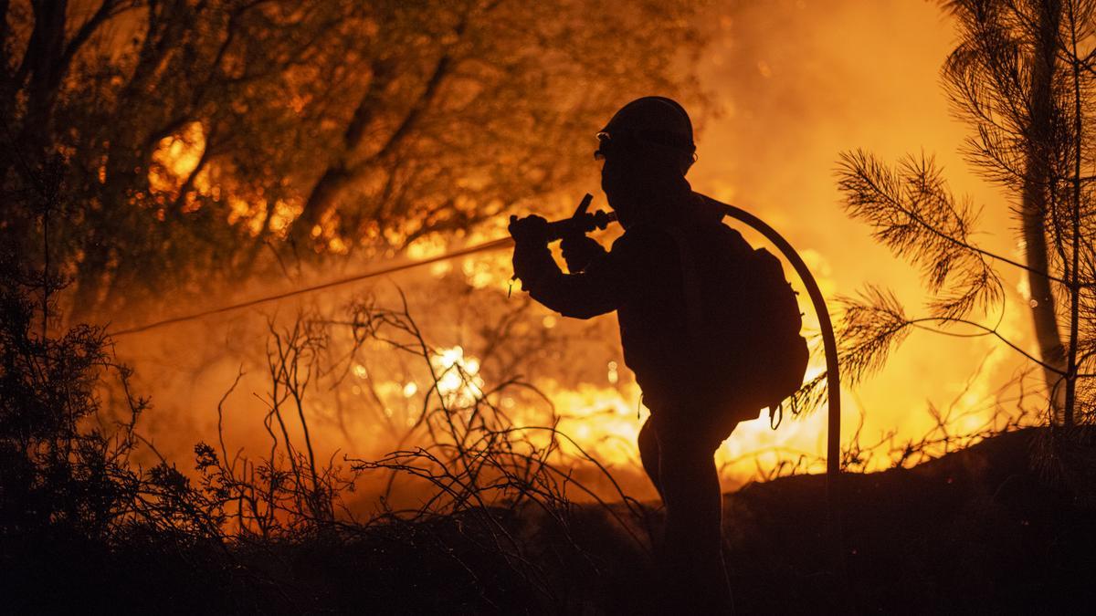 Un bombero forestal trata de contener el fuego.
