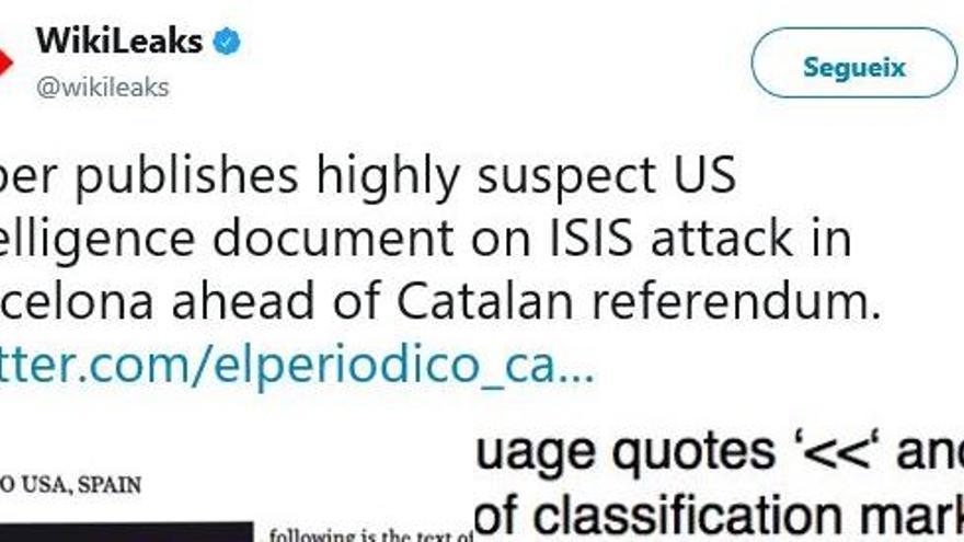 WikiLeaks troba &quot;altament sospitós&quot; el document de la CIA sobre els atemptats a Barcelona