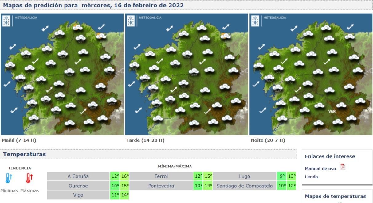 Predicción del tiempo en Galicia para el próximo miércoles 16 de febrero.