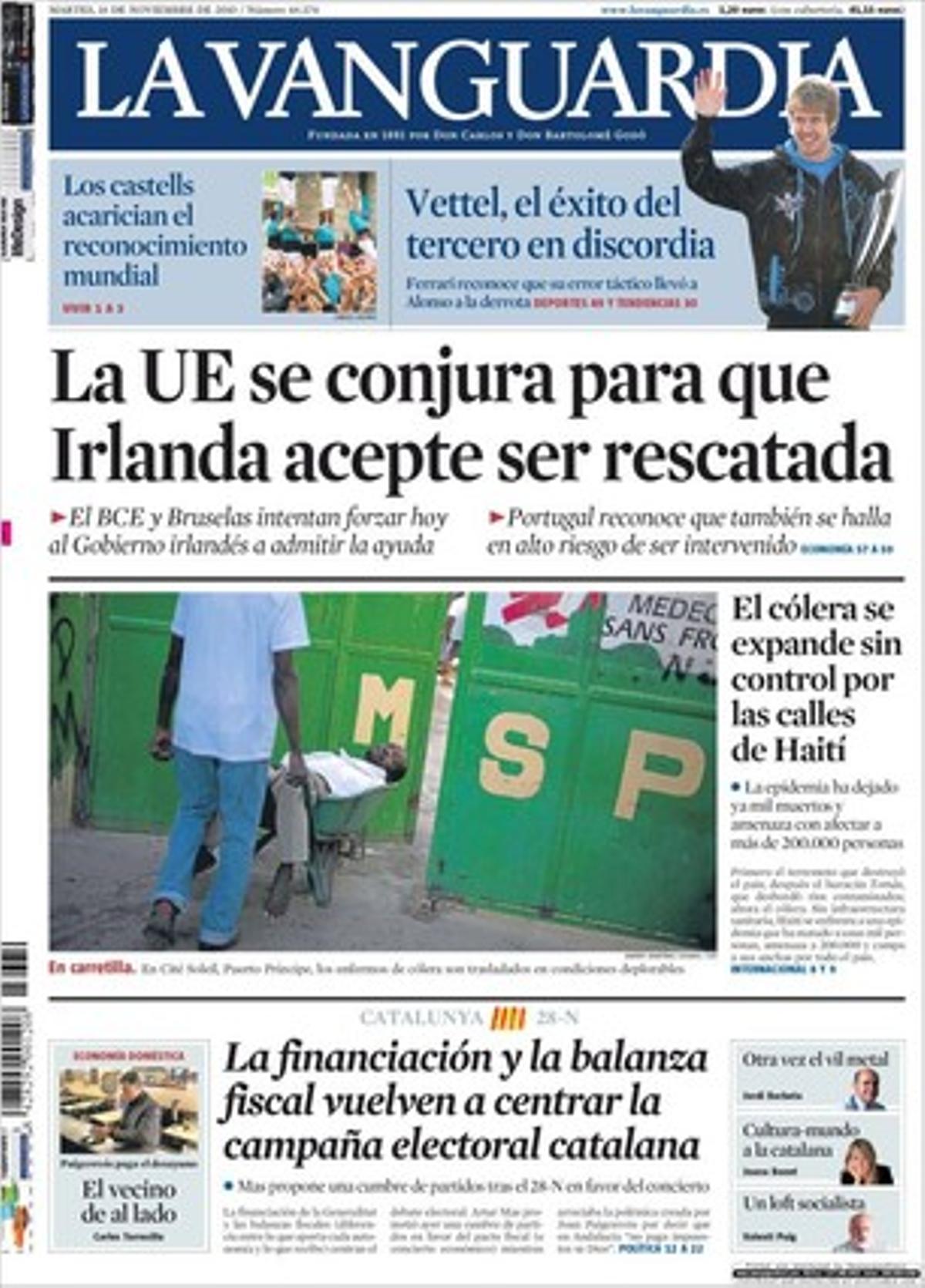 ’La Vanguardia’ destaca en pàgines interiors que el Polisario exigeix que l’ONU obri una investigació sobre Aaiun; que el Govern ha creat la marca Turisme Sènior, amb què el Maresme espera atraure 40.000 sèniors europeus; que les televisions públiques espanyoles van perdre 772 milions d’euros el 2009; que el Banc d’Espanya exigeix a la banca que sanegi el seu forat econòmic, i que Vueling i Ryanair s’uneixen contra les ajudes a Spanair.