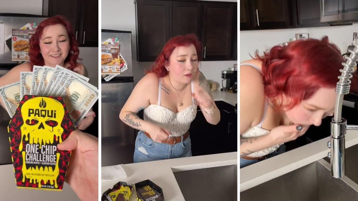 Tres imágenes del vídeo de una joven haciendo el #OneChipChallenge