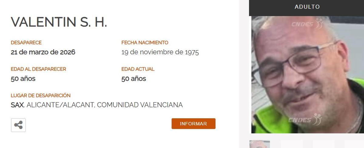 Información de Valentín difundida por el Centro Nacional de Desaparecidos.