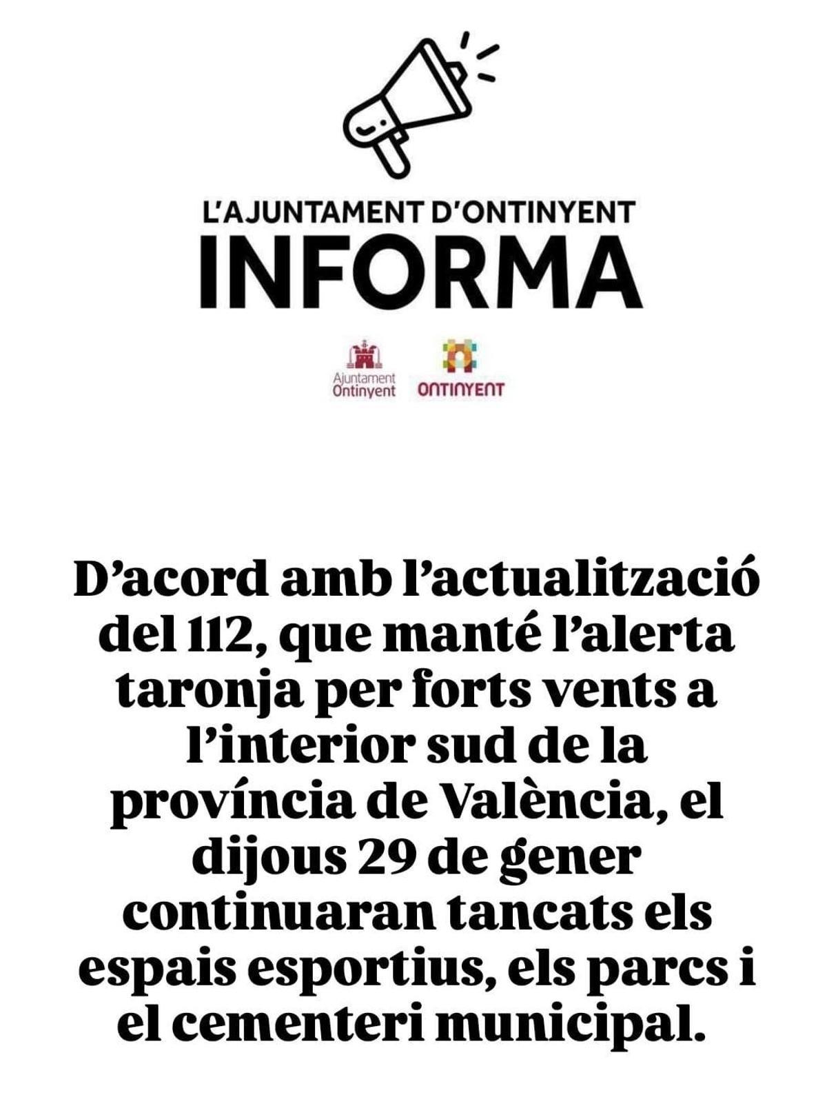 Aviso sobre la alerta naranja por viento difundido por el Ayuntamiento de Ontinyent.