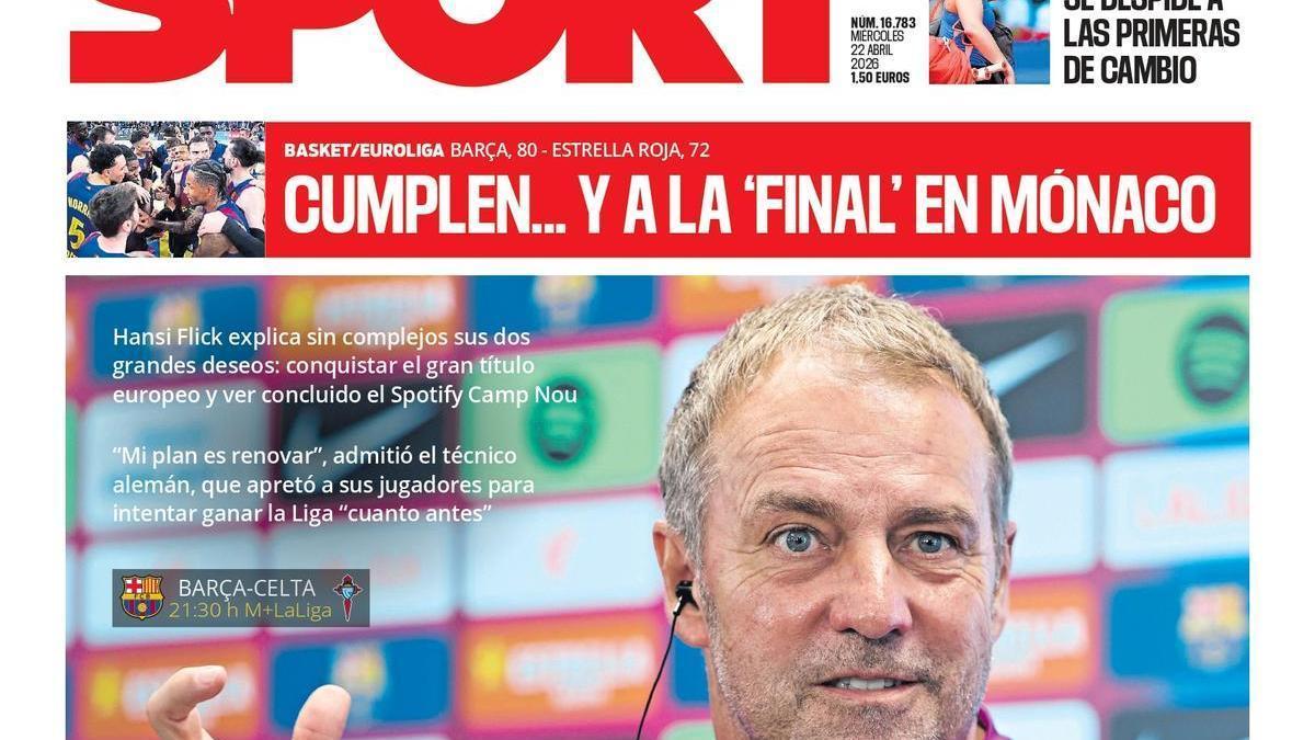 La portada de SPORT de hoy miércoles, 22 de abril de 2026