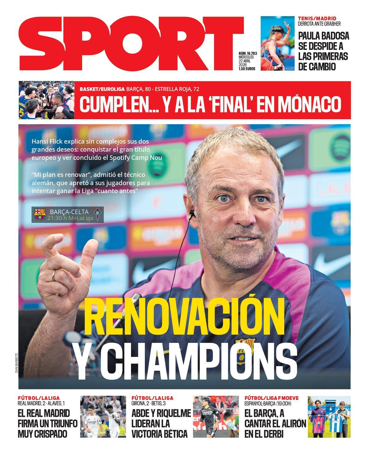 Esta es la portada de SPORT de hoy miércoles, 22 de abril de 2026