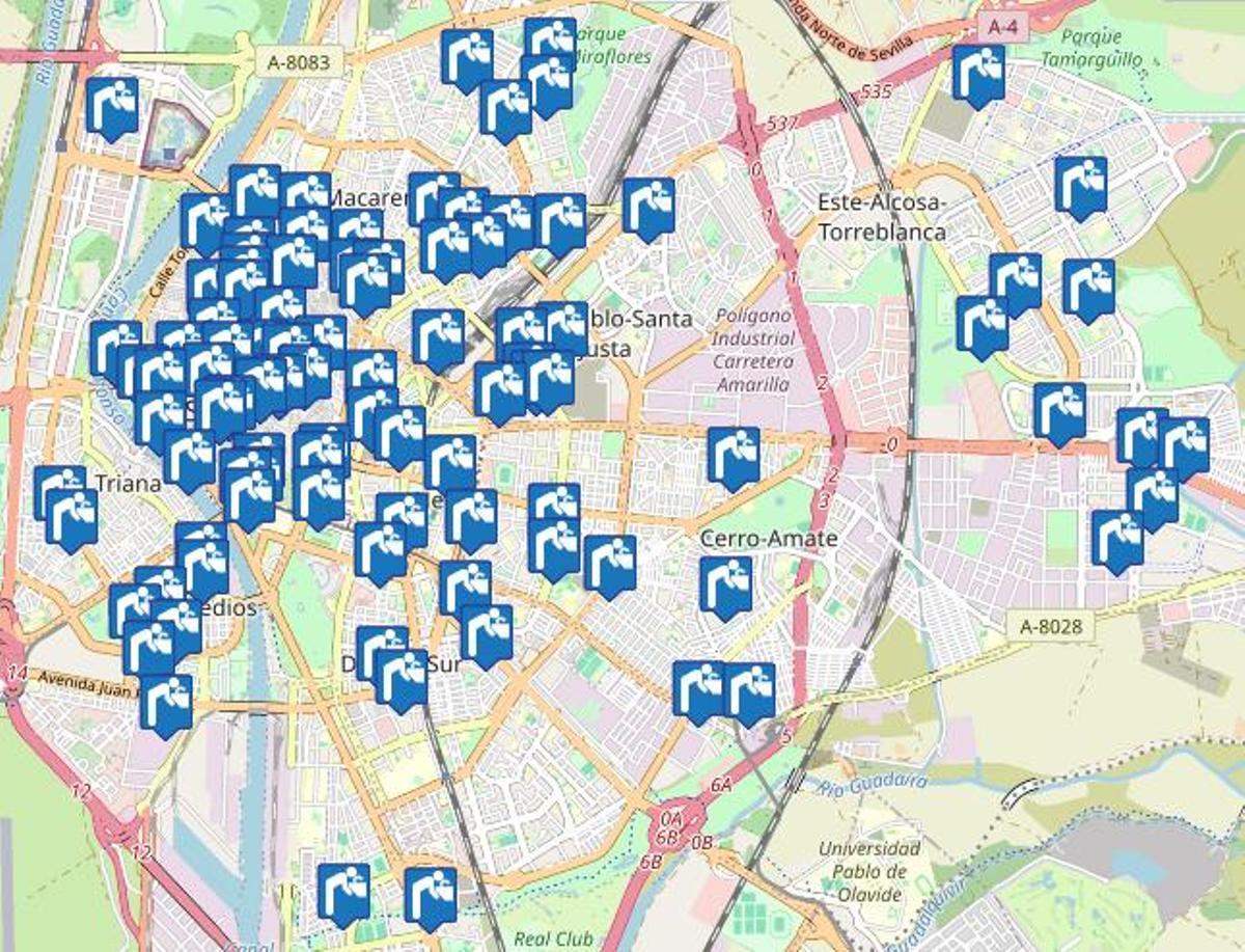 Mapa de fuentes públicas repartidas por la ciudad de Sevilla