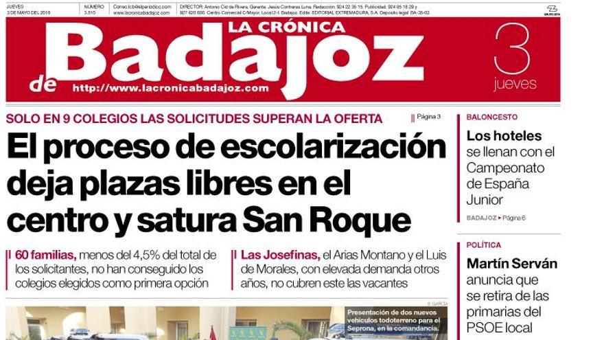 Esta es la portada de LA CRÓNICA DE BADAJOZ correspondiente al día 3 de abril del 2018