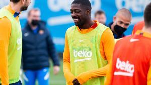 Dembélé, en el entrenamiento del Barça previo a la visita del Atlético al Camp Nou.