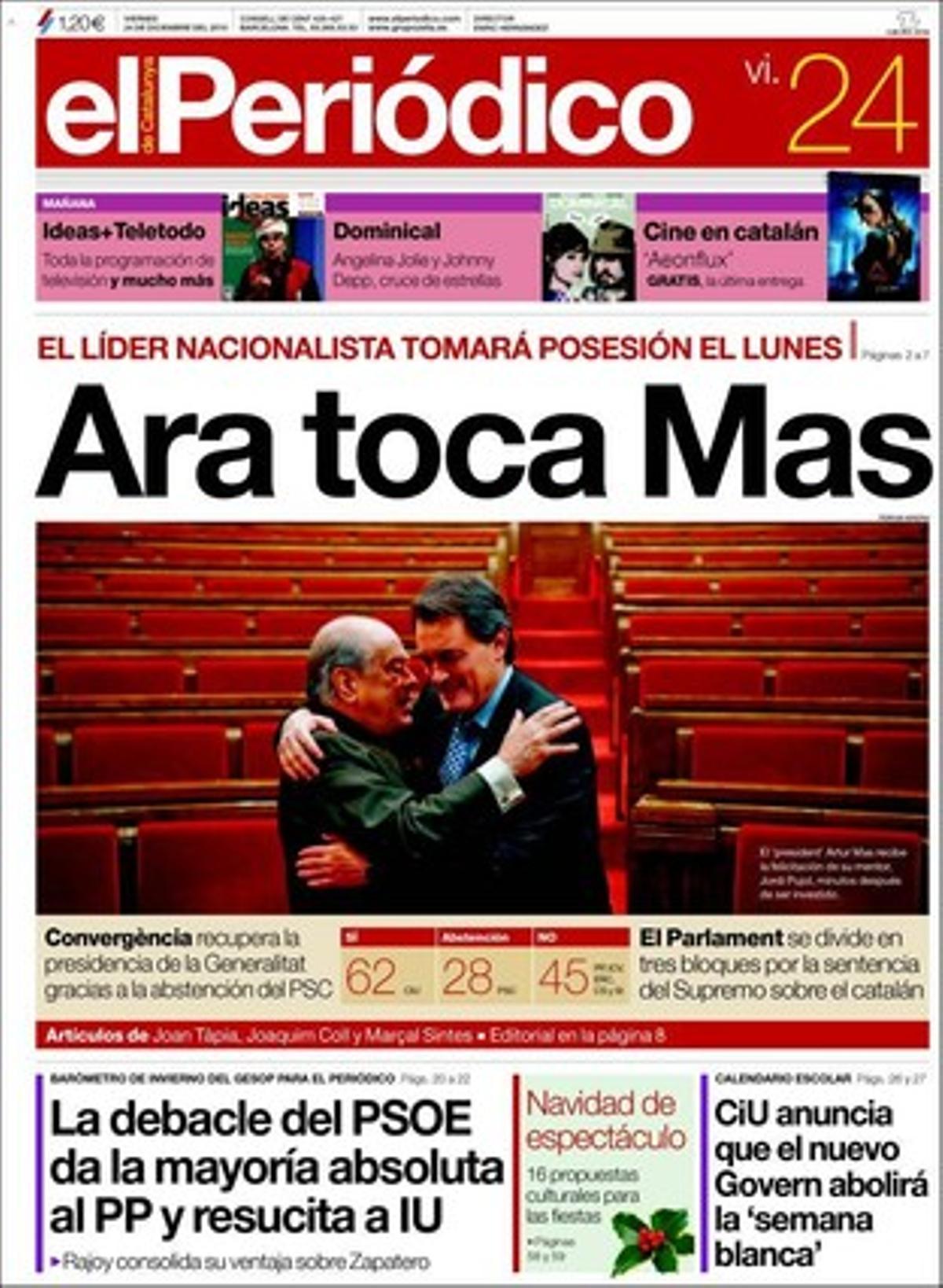 A més dels temes de portada, EL PERIÓDICO destaca que un descuit va causar la fuga de petroli a Tarragona; que un error en la senyalització va inutilitzar durant hores tres línies de Rodalies; que s’instal·la la primera càmera per frenar la droga a Trinitat Vella; que Barcelona reedita un fons econòmic per atraure actes estratègics; que el Ministeri d’Indústria retalla 4.600 milions en costos per frenar les alces de la llum; que la reestructuració de les caixes ja suma 13.100 prejubilacions a Espanya; que el Pacte de Toledo demana pensions per a les mestresses de casa; que Ryanair accepta seguir a Girona a canvi de rebre més ajudes; que Jorge Herralde ven Anagrama al seu amic Carlo Feltrinelli; que el Ministeri de Cultura crearà un arxiu literari amb el llegat de Carmen Balcells, i el comiat d’Iñaki Gabilondo de CNN+.