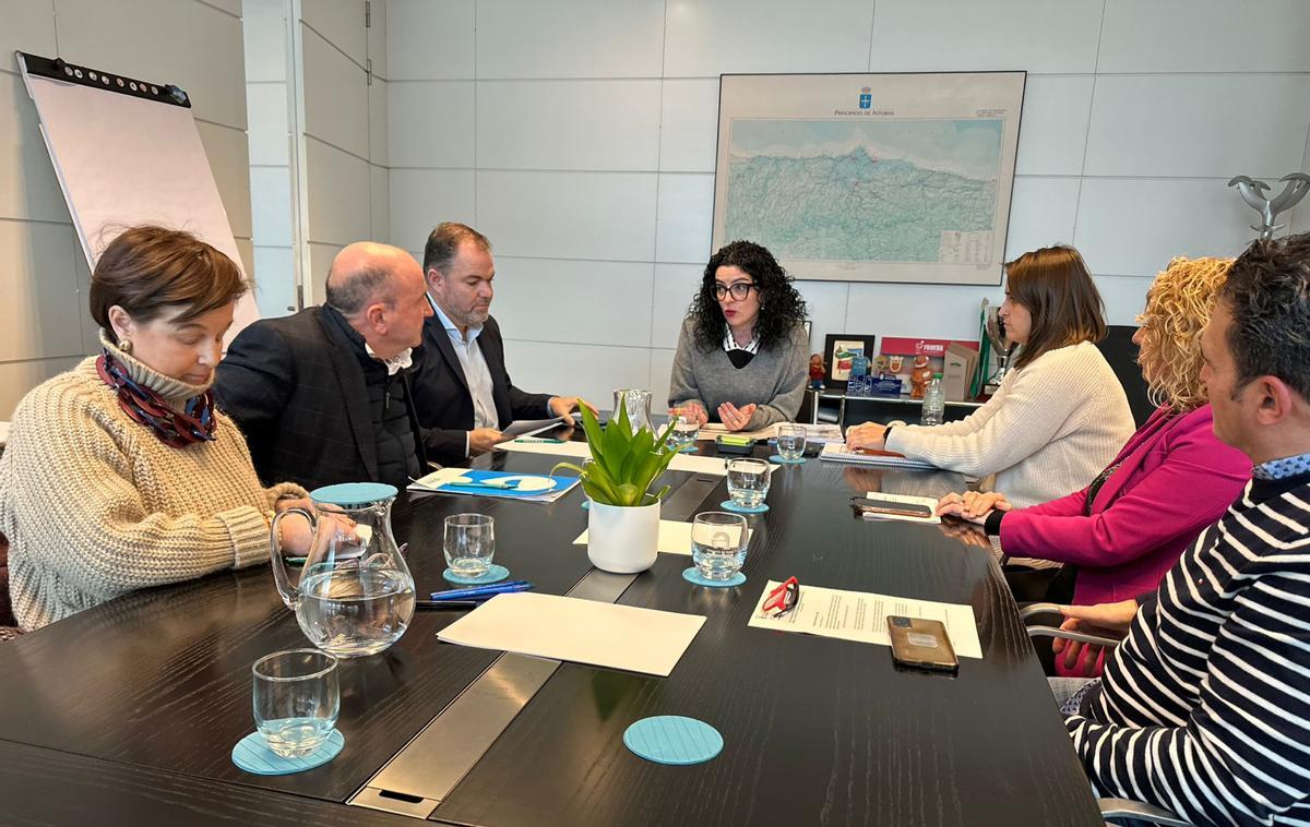 Vanessa Gutiérrez, encabezando la reunión sobre Pajares con responsables de la Cámarade Comerio, Otea, Federación de Deportes de Invierno y Ayuntamiento de Lena.