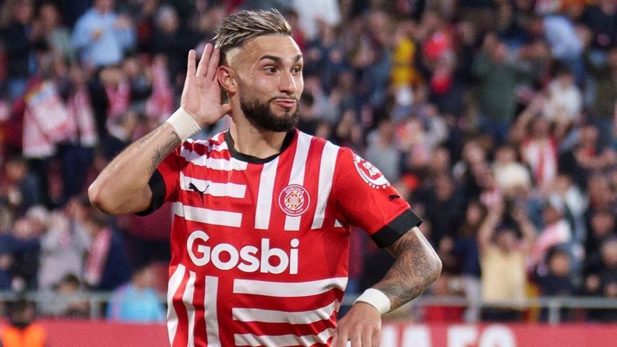 Taty Castellanos, delantero del Girona, celebra uno de sus cuatro goles al Madrid en Montilivi.