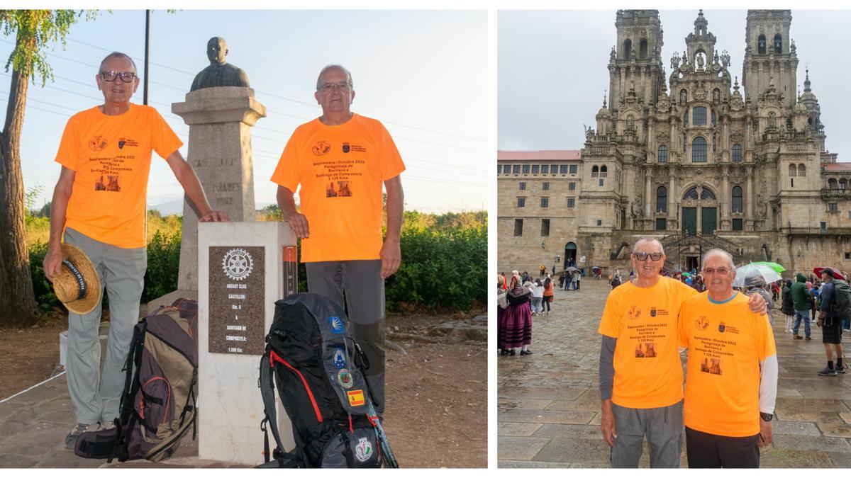 Juan Carlos Dolz y Carlos Paños, en la izquierda en la ermita Sant Jaume de Fadrell, donde partieron en Castelló, y a la derecha en la catedral de Santiago 43 días después.