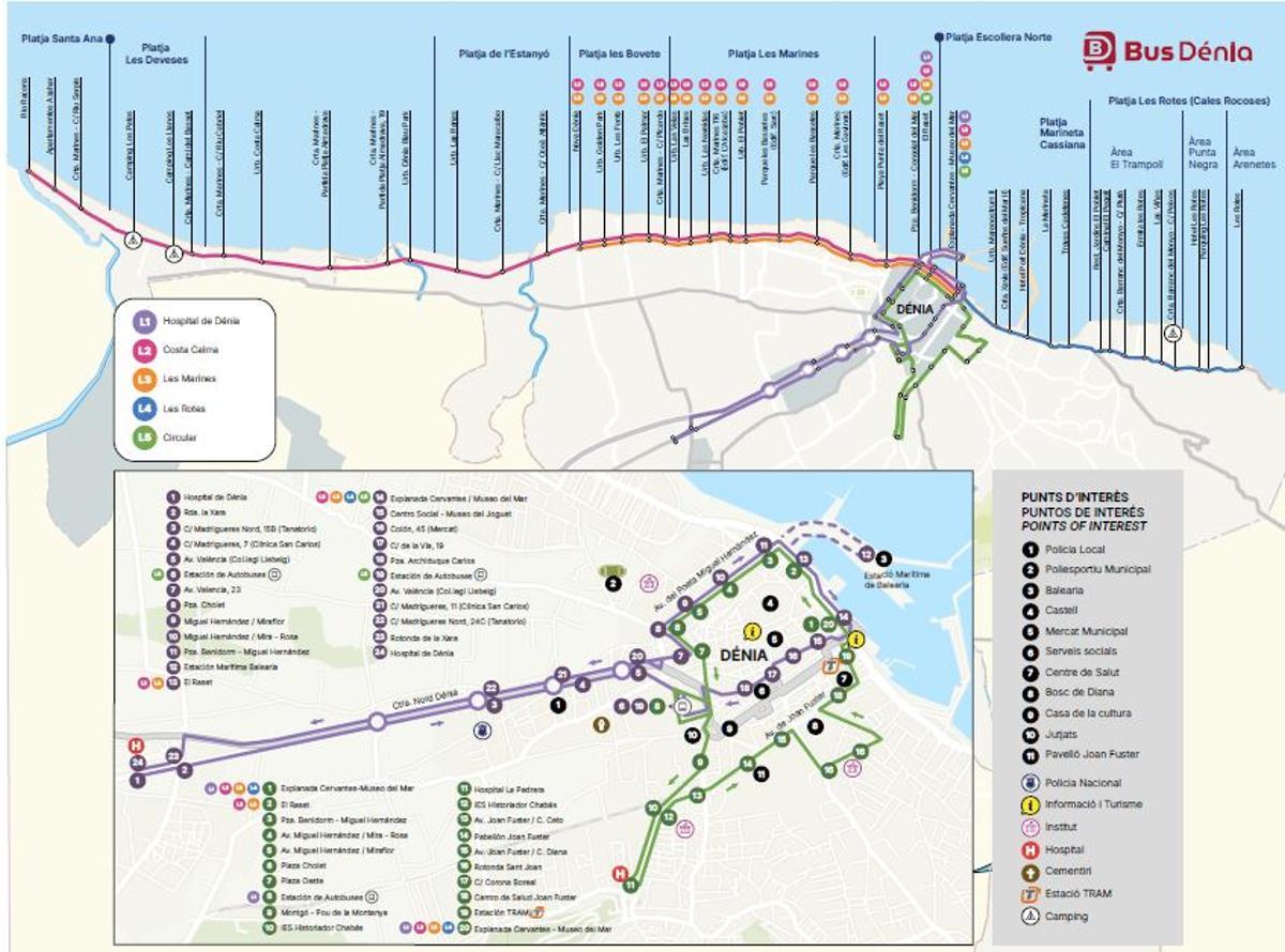 El mapa que detalla las cinco rutas; tres de ellas, la de les Marines, la de Costa Calma y la de les Rotes, van por la costa