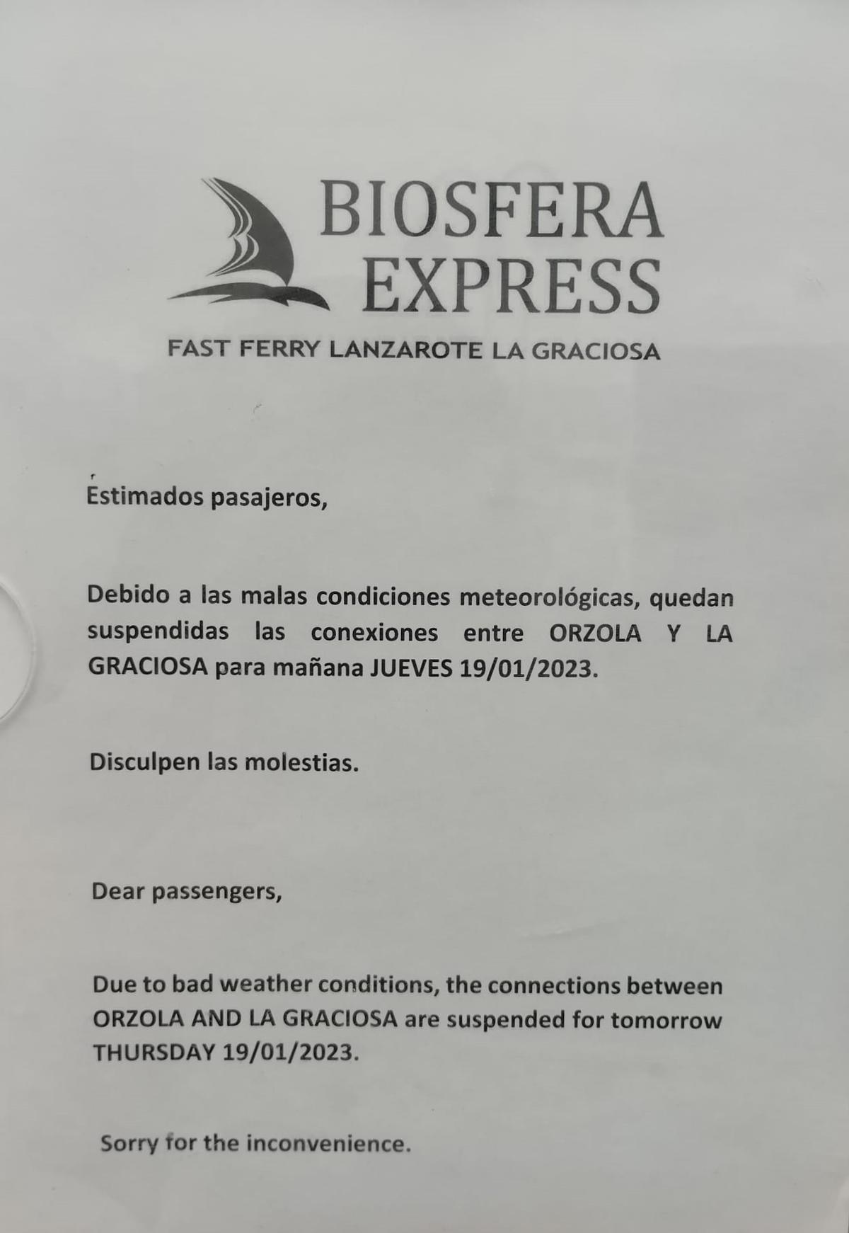 Biosfera Express suspende las conexiones entre Lanzarote y La Graciosa el 19 de enero de 2023 por el temporal en el mar.