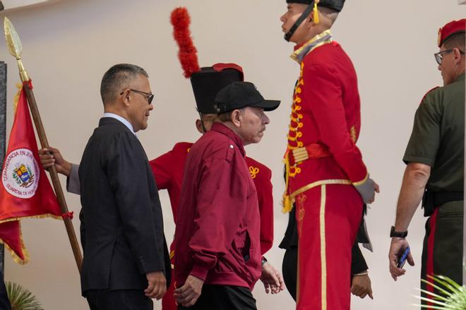 Nicaraguas President Daniel Ortega arrives for the inauguration ceremony of Venezuelan President Nicolas Maduro for a third term in Caracas, Venezuela, Friday, Jan. 10, 2025. (AP Photo/Ariana Cubillos)