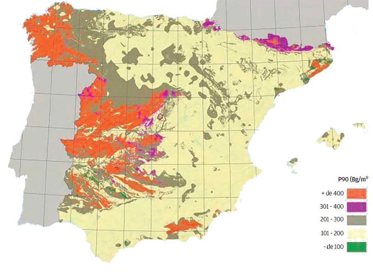 Mapa del potencial de radó a Espanya.