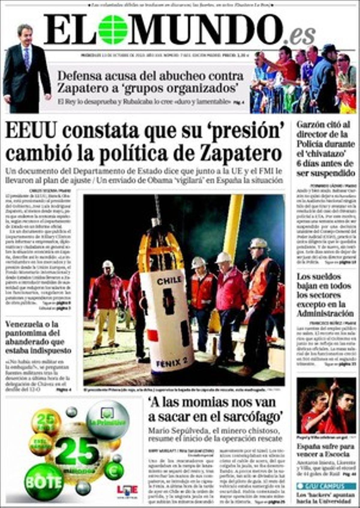 A dins, ’El Mundo’ destaca que Espanya deixa la base pakistanesa de Qala-e-Now, que María Antonia Munar va firmar el desviament de fons per a la seva pròpia productora sabent que no es farien els treballs, que el pantalà de Badalona atrau els científics perquè permet investigar sobre el canvi climàtic, que un col·legi de Barcelona ha estat condemnat a indemnitzar amb mil euros un alumne que va haver de canviar de centre perquè set companys li donaven cops i l’amenaçaven, que els experts proposen convertir la ’ISS’ en una llançadora per viatjar a la Lluna, que la massa salarial del sector privat espanyol cau un 0,7% mentre que la dels funcionaris puja un 1,4%, i que Espanya és el país de la UE que més pagarà per contaminar i incomplir el protocol de Kyoto.