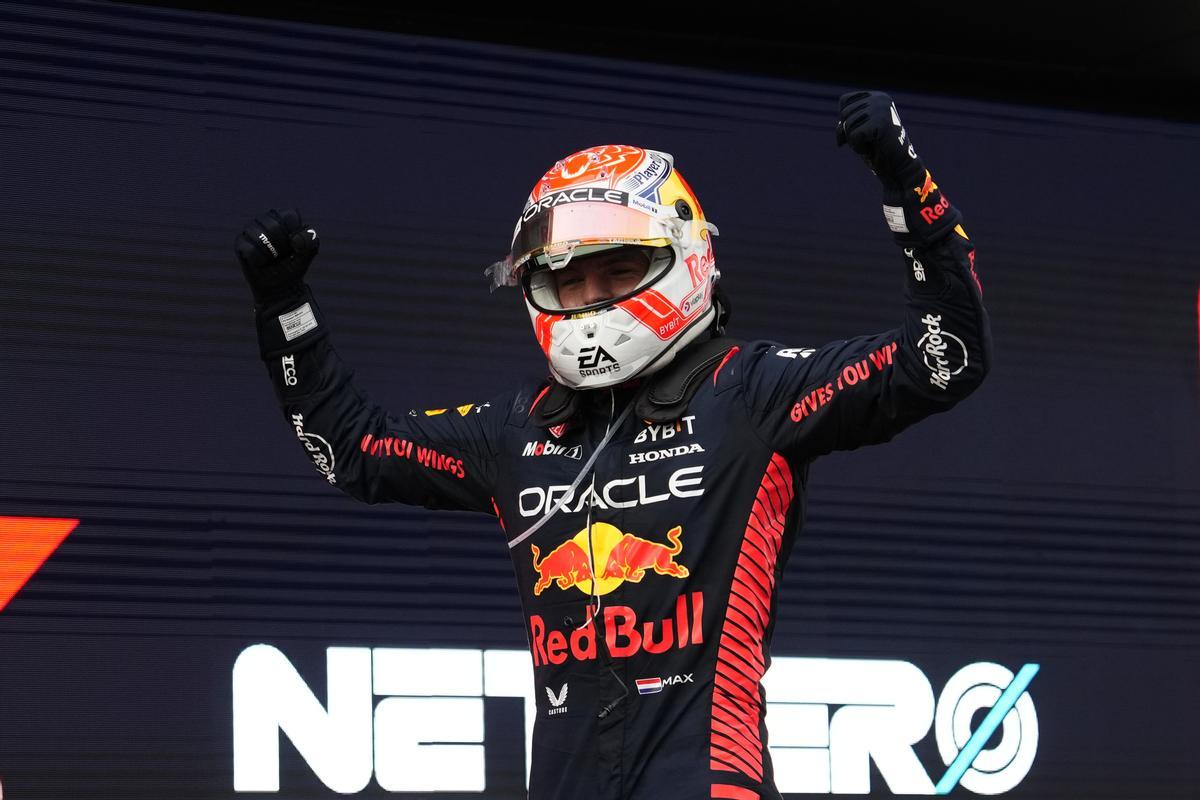 Dutch driver Max Verstappen of Red Bull Racing jubilates after winning the Formula One Spanish Grand Prix at Barcelona-Catalunya circuit in Montmelo, Barcelona, Spain, 04 June 2023.  EFE/ Siu Wu
