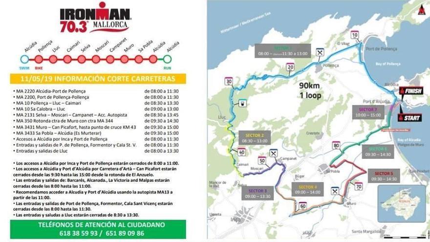 Mapa que muestra el itinerario y las retenciones programadas con motivo del Ironman del sábado.